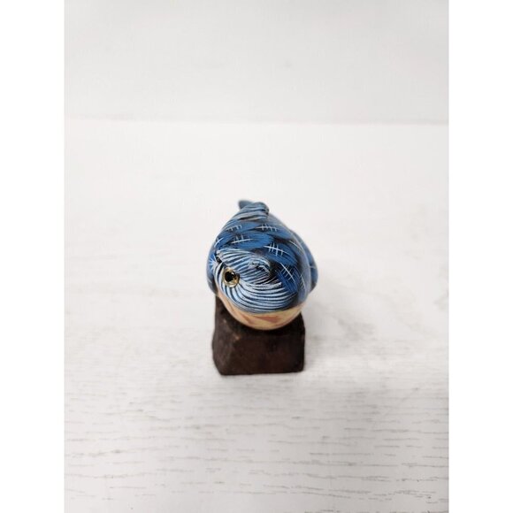 Vintage 1988 Enesco Hand Painted Ceramic Blue Owl Figurine Mounted On Wood Decor - Picture 4 of 9